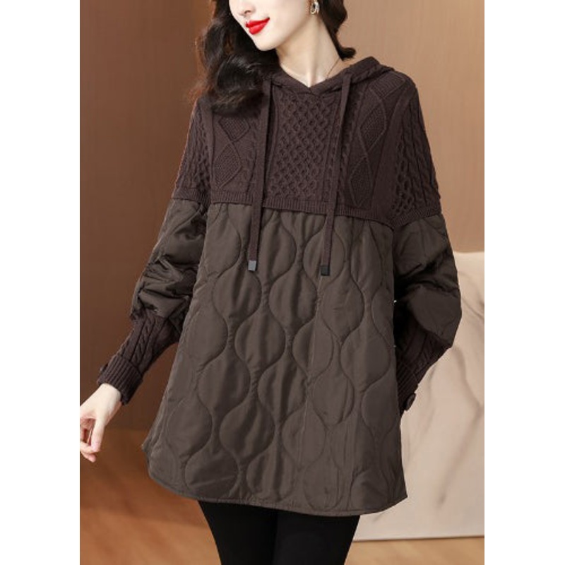 Coffee Lace Up Patchwork Thick Top Hooded Winter