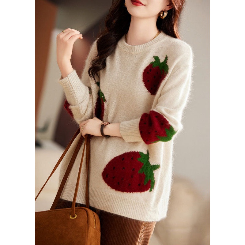 Cute Beige Strawberry Print Cozy Cotton Knit Sweater Long Sleeve