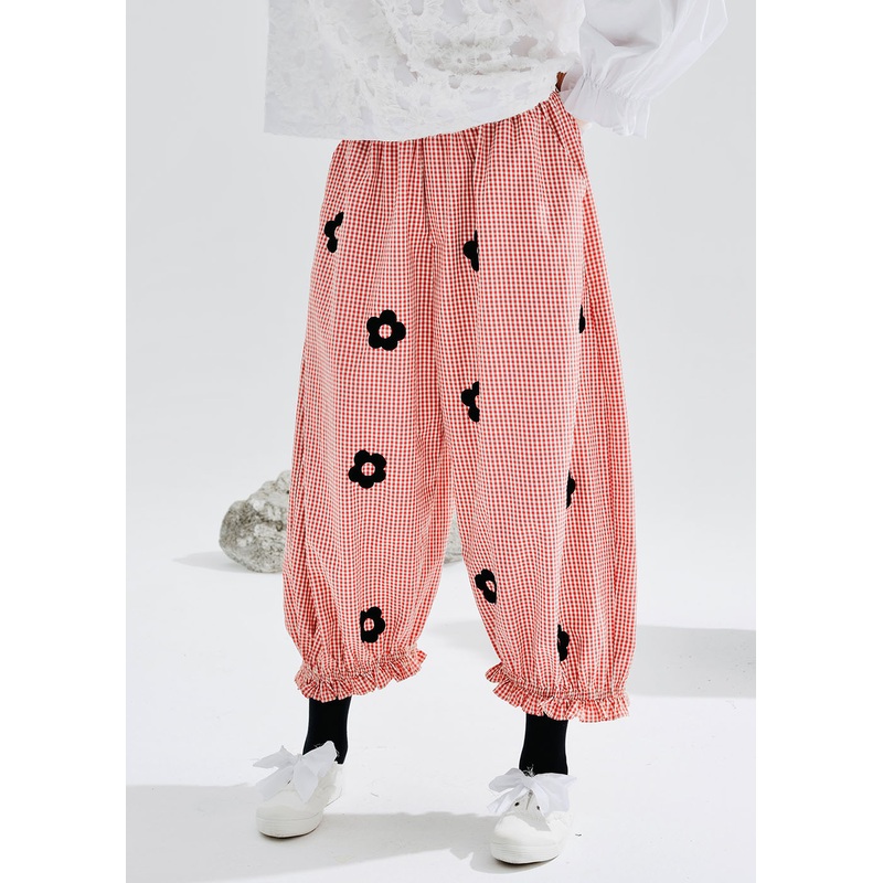 Cute Pink Pockets Ruffled Patchwork Print Harem Crop Pants Fall