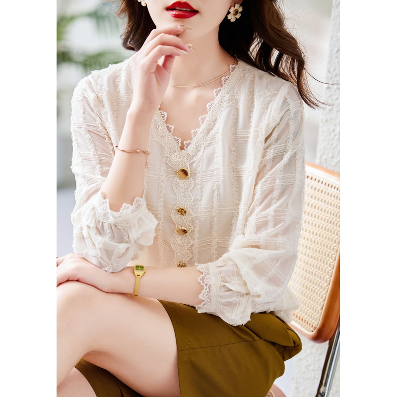 Cute White V Neck Lace Patchwork Button Chiffon Shirt Fall