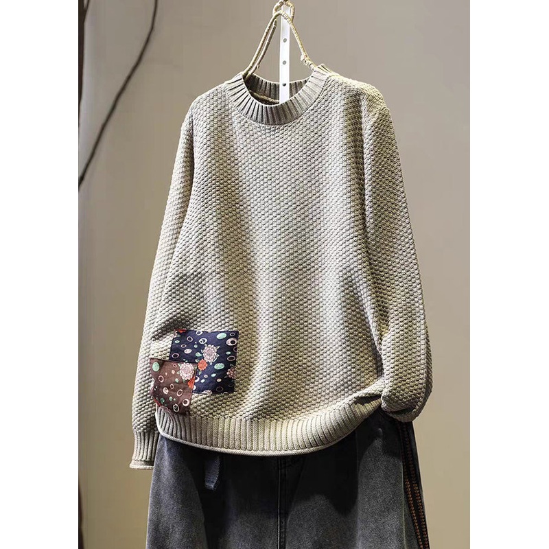 DIY Khaki Oversized Patchwork Applique Knit Sweater Winter