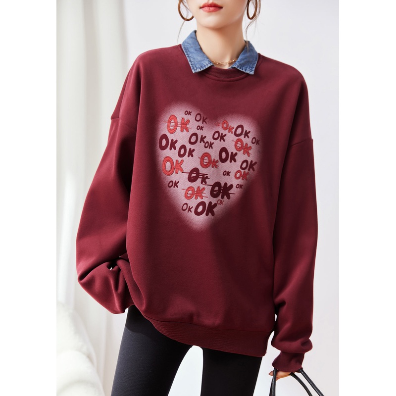 DIY Mulberry O Neck Print Warm Fleece Loose Sweatshirts Top Fall
