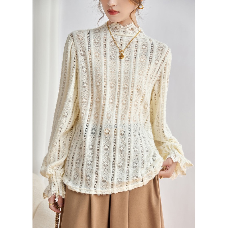 Elegant Beige Hollow Out Lace Shirt Tops Fall