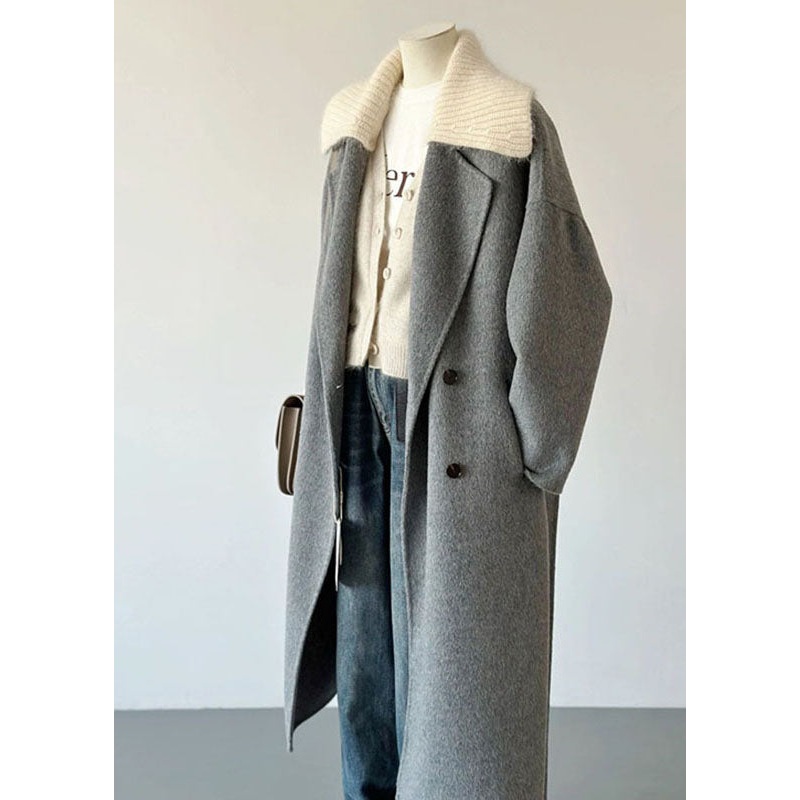 Elegant Grey Peter Pan Collar Pockets Knit Patchwork Woolen Long Coats Long Sleeve