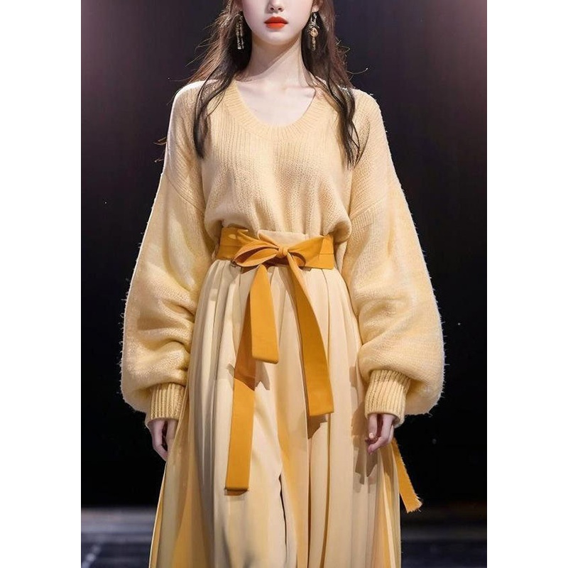 Elegant Yellow O-Neck Bow Cotton Knit Sweater And Maxi Skirts Two Pieces Set Long Sleeve