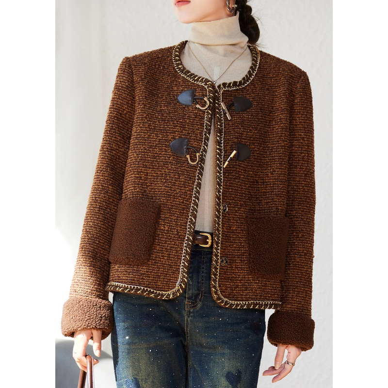 Fashion Coffee Pockets Button Woolen Duck Down Filled Jacket Winter