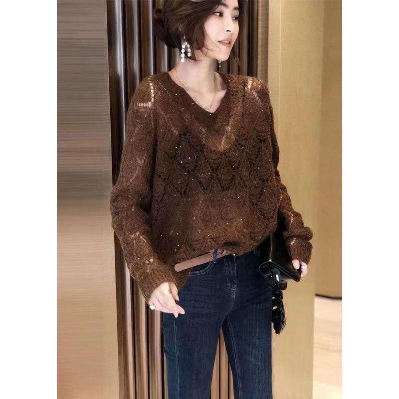 Fashion Coffee V Neck Hollow Out Cozy Ma Hai Mao Cotton Knit Tops Fall