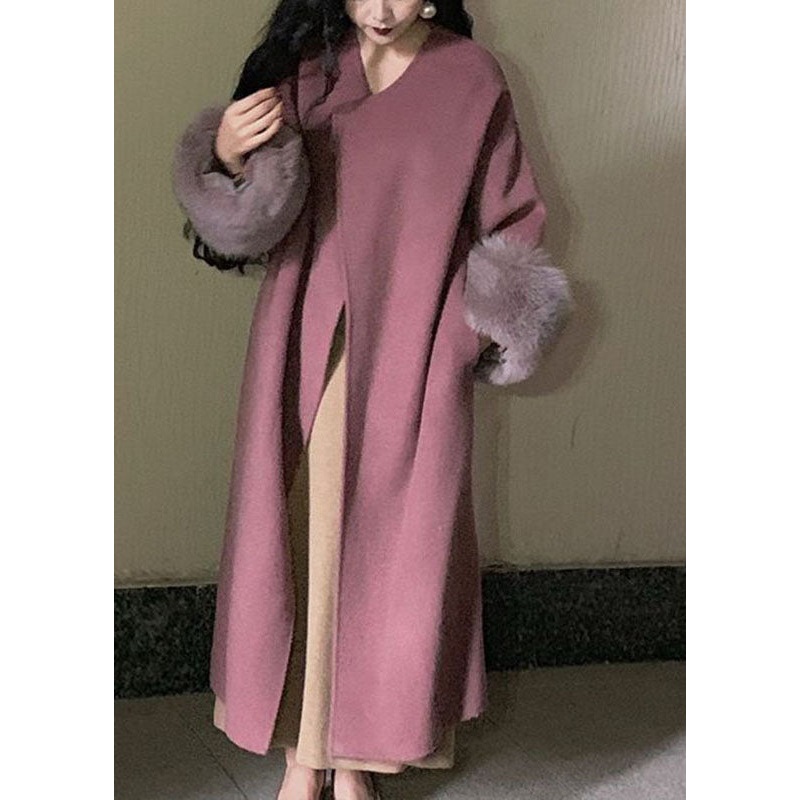 Fashion Lotus Root Pink Color O-Neck Woolen Maxi Coats Long Sleeve