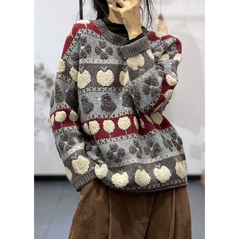 Floral Grey O Neck Patchwork Cozy Cotton Knit Sweaters Long Sleeve