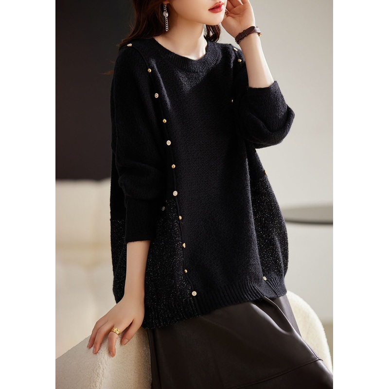 French Black O-Neck Patchwork Cozy Cotton Knit Sweater Winter