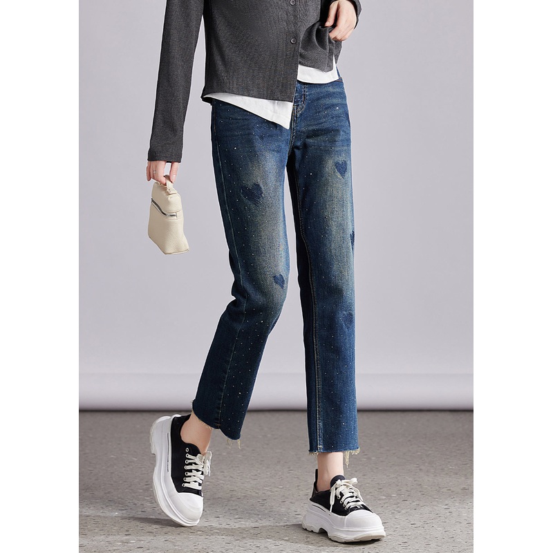 French Blue Pockets Heart Zircon Denim Straight Trousers Fall