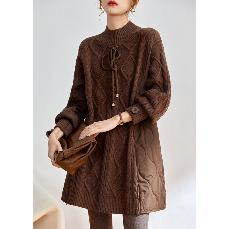 French Coffee Half Hign Neck Thick Patchwork Knit Sweaters Winter