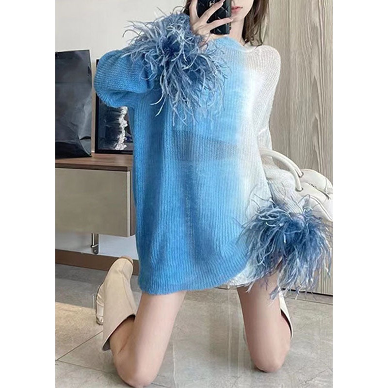 French Gradient Color Blue O-Neck Cozy Thin Cotton Knit Sweater Long Sleeve