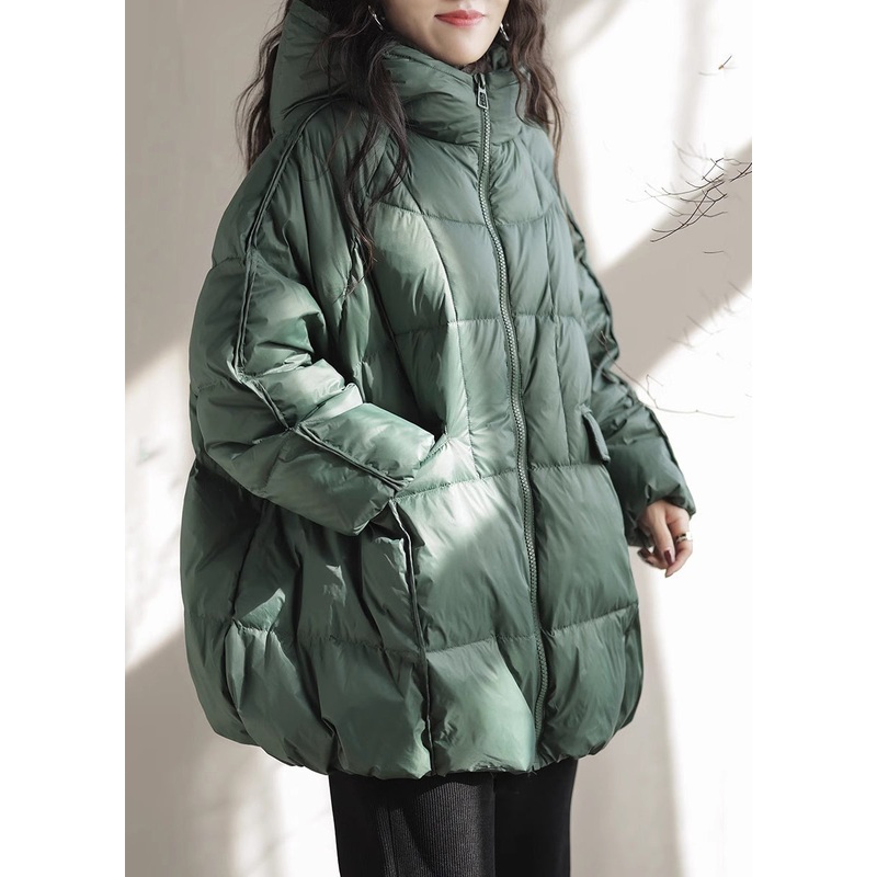 French Green Oversized Pockets Fine Cotton Filled Parka Jacket Winter