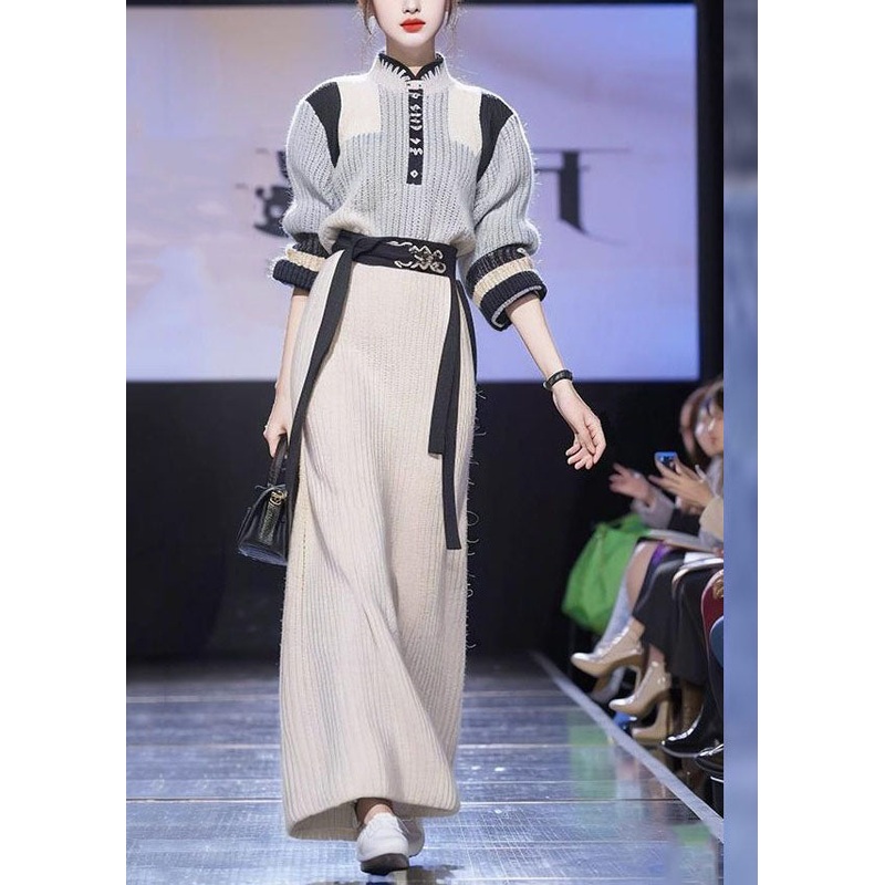French Grey Tie Waist Cotton Knit Sweaters And Beige A Line Skirts Two Piece Set Long Sleeve