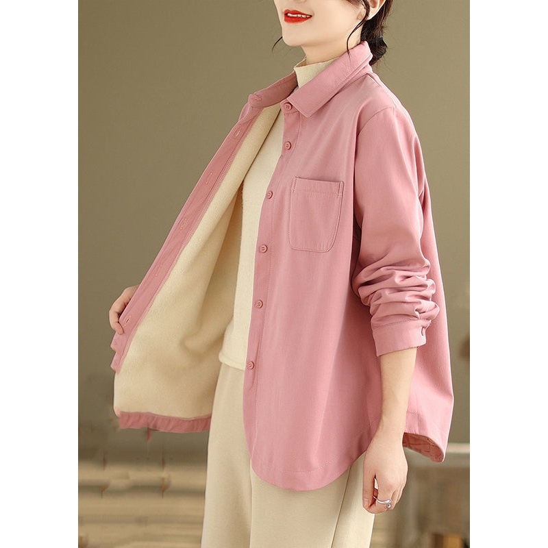 French Pink Oversized Pockets Fleece Wool Lined Coats Winter