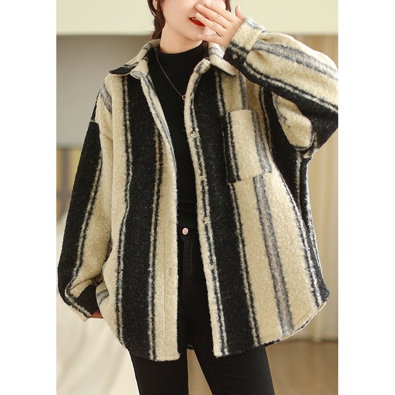 French Striped Peter Pan Collar Button Woolen Coat Long Sleeve