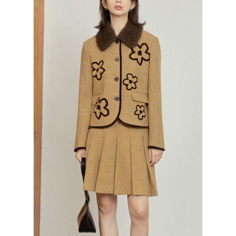 Ginger Peter Pan Collar Woolen Coat And Skirts Two Pieces Set Long Sleeve