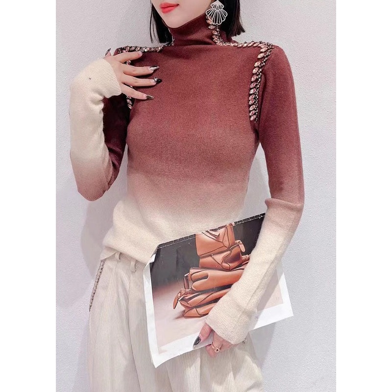 Gradient Color Brown Nail Bead Wool Knit Sweaters Long Sleeve