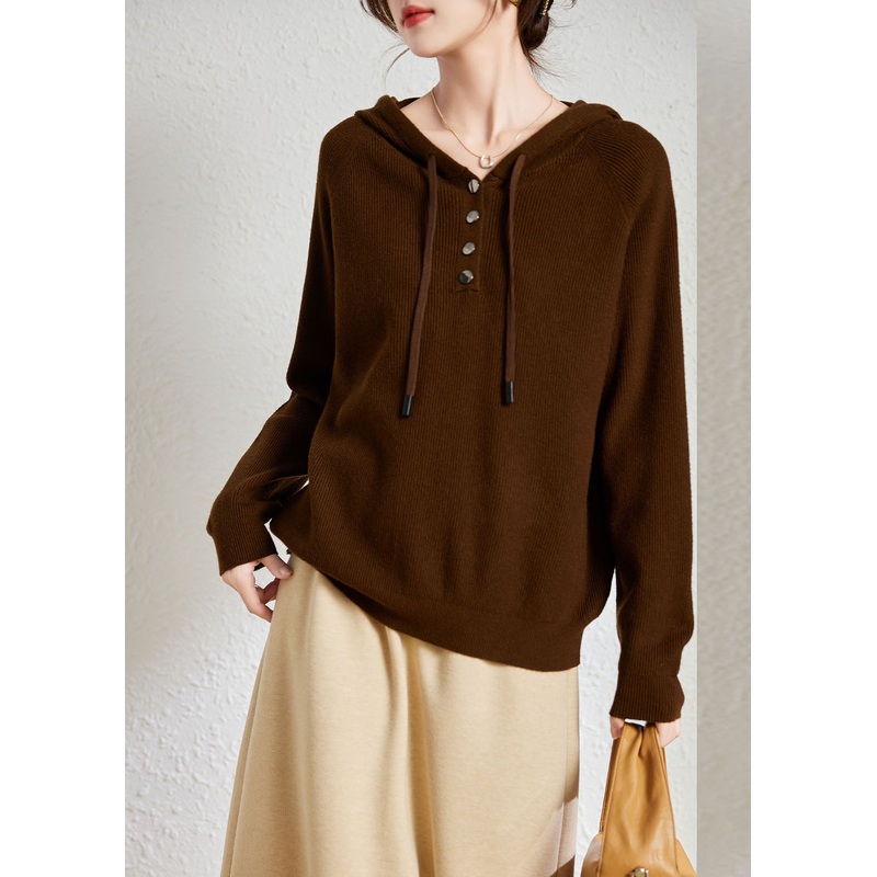 Handmade Coffee Drawstring Thick Hooded Knit Sweater Fall