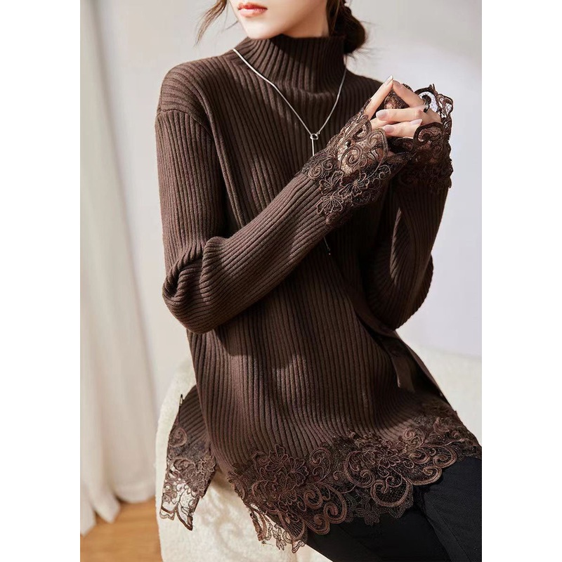 Handmade Coffee Turtleneck Lace Patchwork Cotton Knit Sweater Long Sleeve