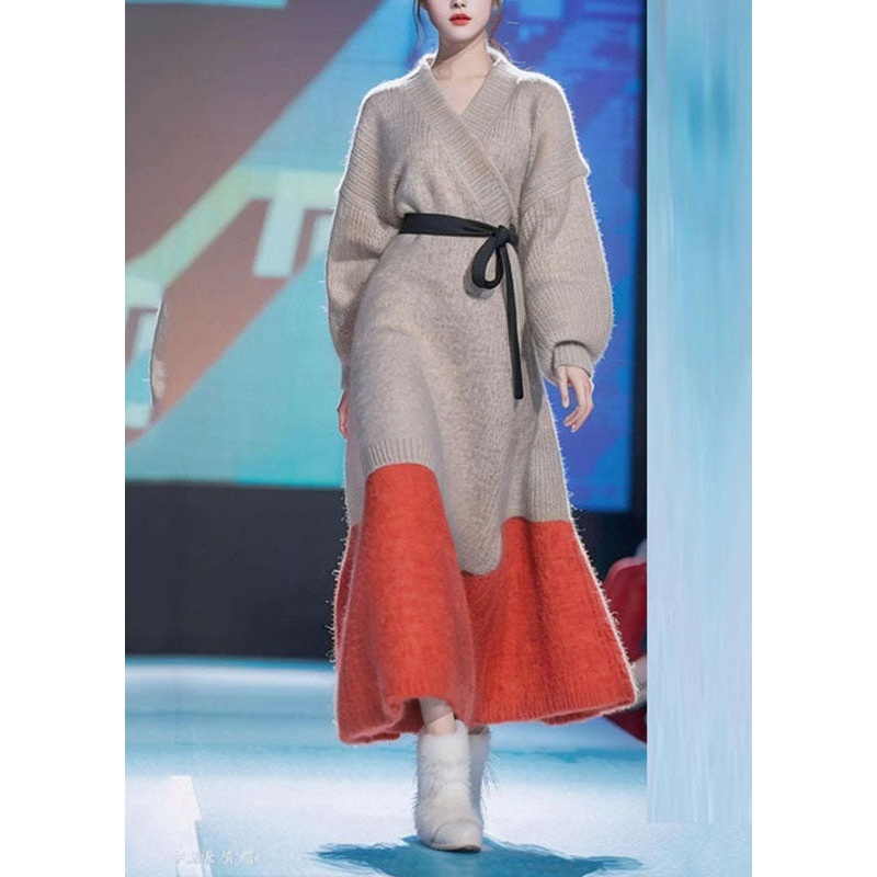 Handmade Grey V Neck Patchwork Tie Waist Cotton Knit Sweater Dress Winter