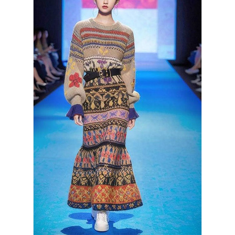 Handmade O-Neck Print Cotton Knit Long A Line Sweater Dress Long Sleeve