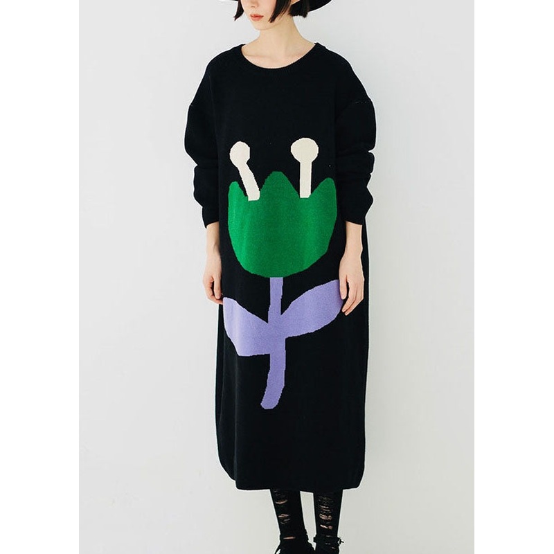 Italian Black O-Neck Floral Thick Cotton Knit Sweater Dress Long Sleeve