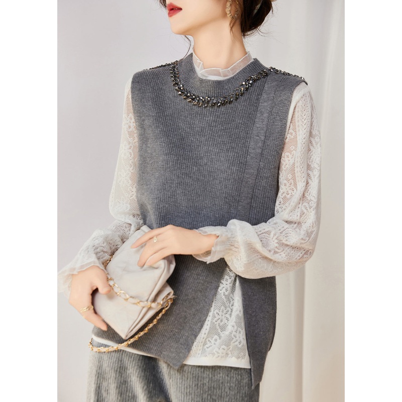 Italian Grey O Neck Nail Bead Side Open Knit Vest Sleeveless
