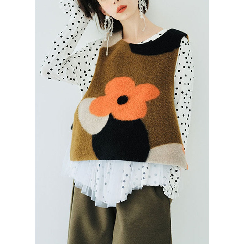 Jacquard Brown O-Neck Floral Woolen Waistcoat Sleeveless