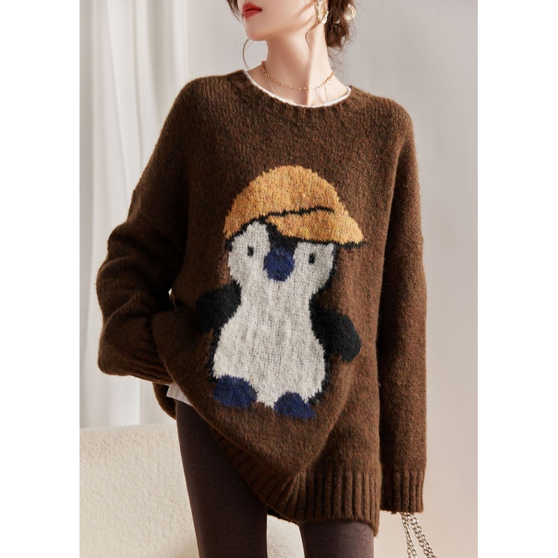 Jacquard Coffee O-Neck Thick Cotton Knit Sweater Winter