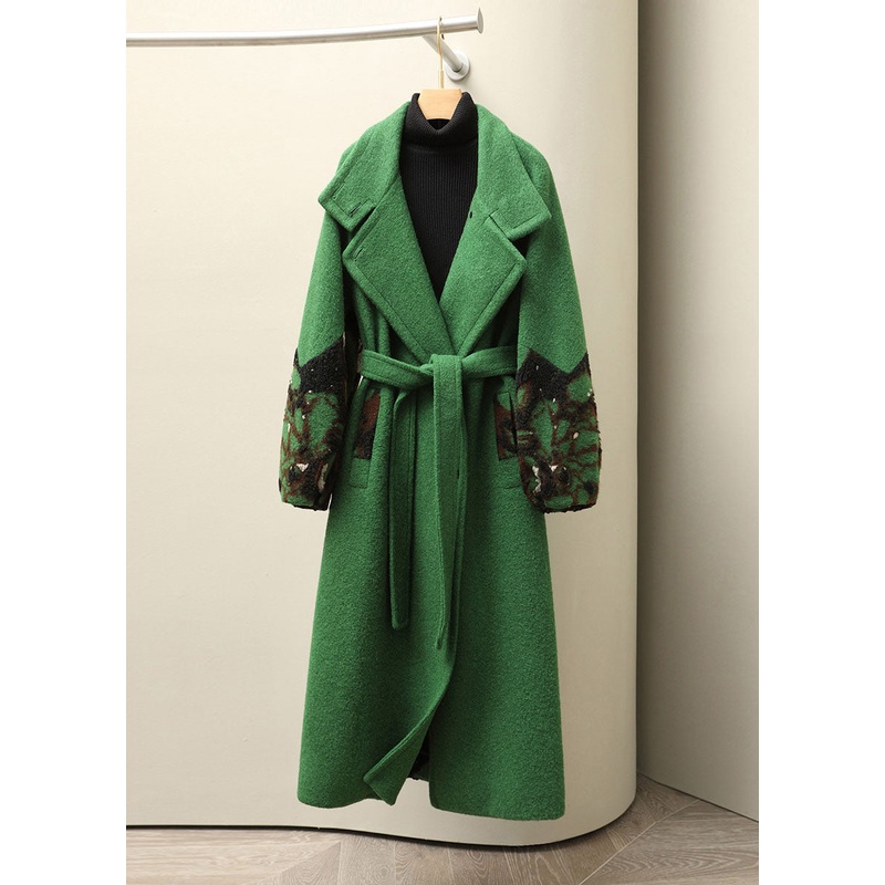 Jacquard Green Notched Tie Waist Woolen Long Coats Fall