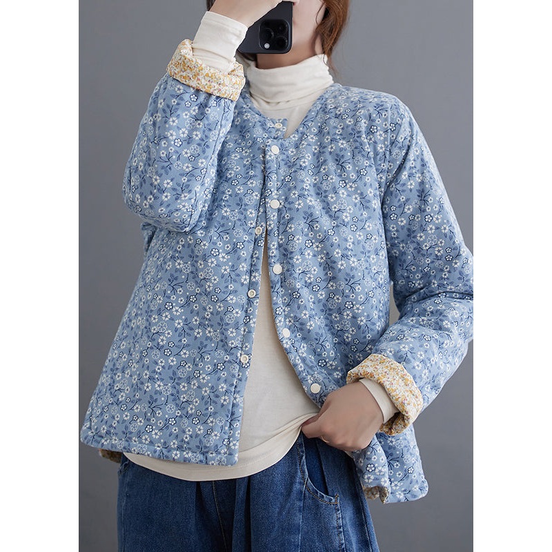 Loose Blue Button Print Patchwork Cotton Filled Parka Winter