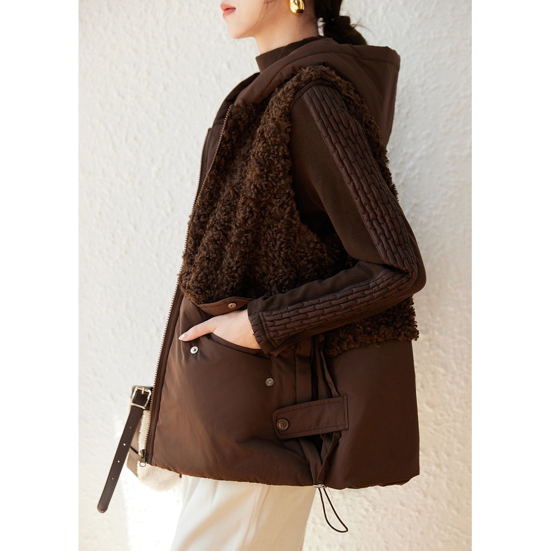 Loose Coffee Zip Up Faux Fur Patchwork Fine Cotton Filled Vest Sleeveless