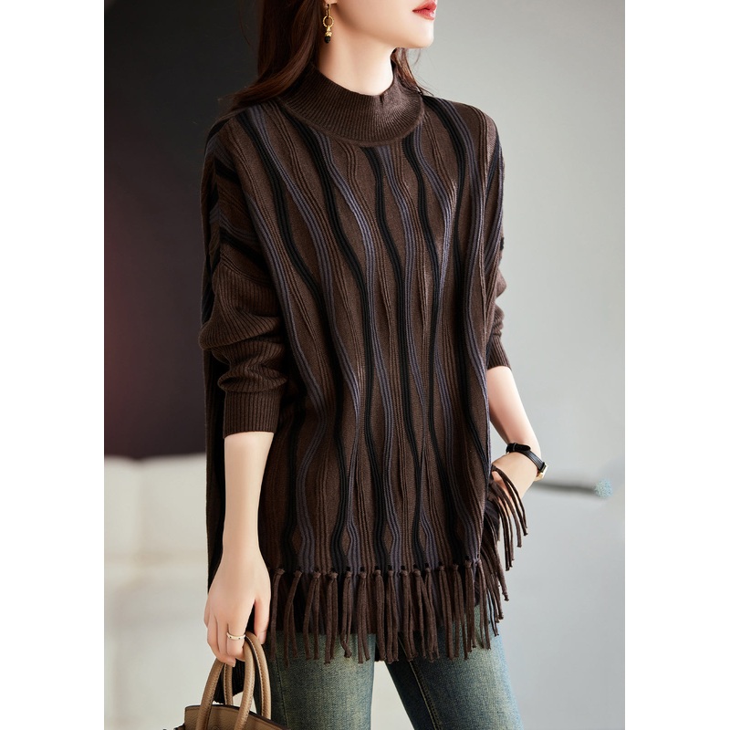 Loose Cozy Black Coffee Tasseled Thick Knit Sweaters Winter
