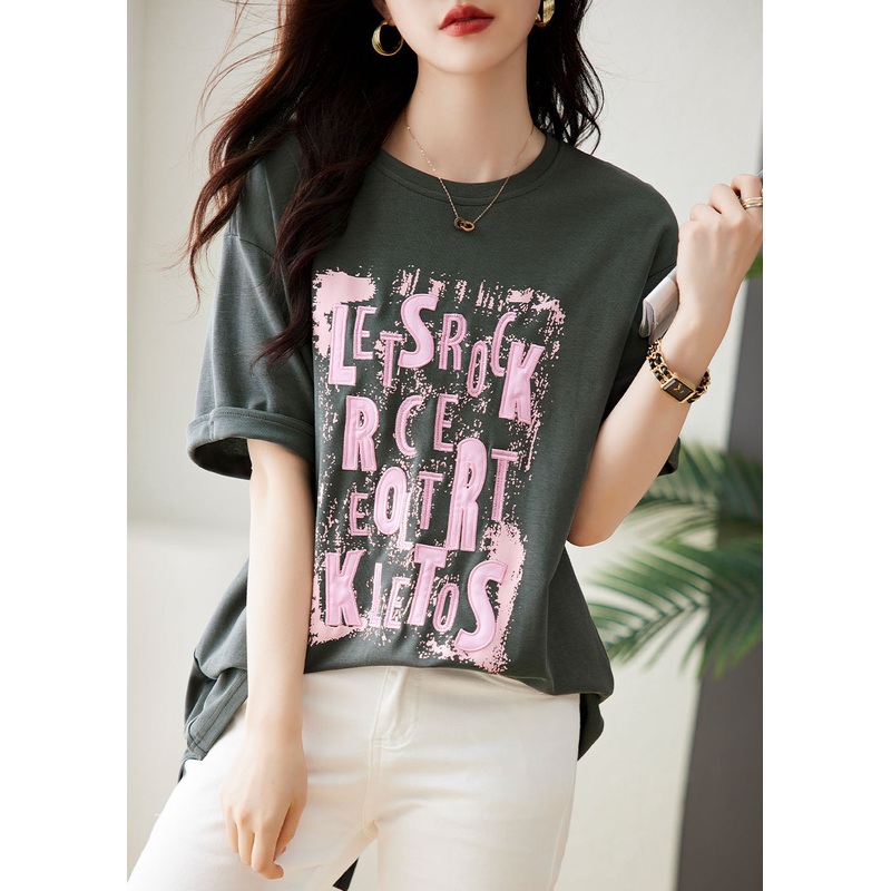 Loose Grey O-Neck Print Top Short Sleeve