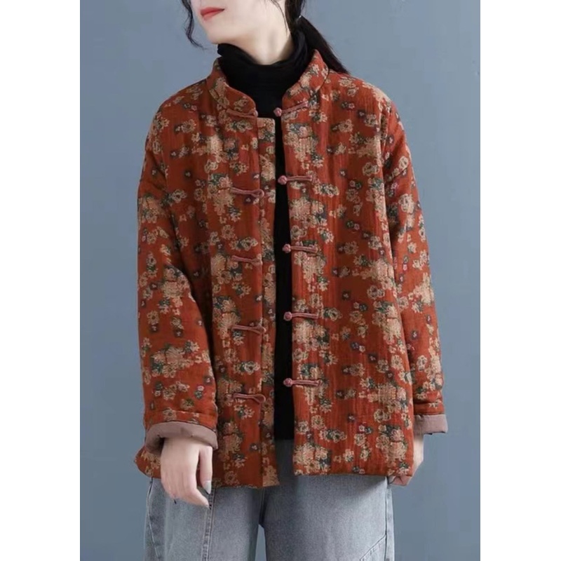 Loose Orange Button Print Cotton Filled Parka Long Sleeve