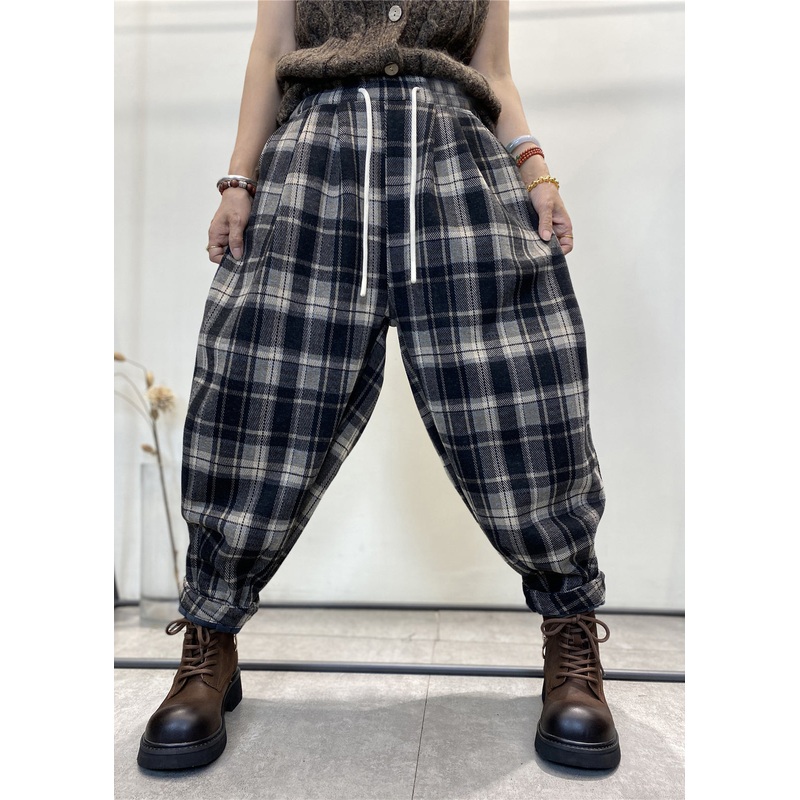 Modern Black Oversized Plaid Warm Fleece Pants Winter