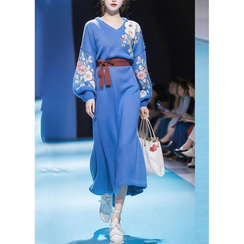 Modern Blue V Neck Print Tie Waist Cotton Knit Long Sweater Dress Winter