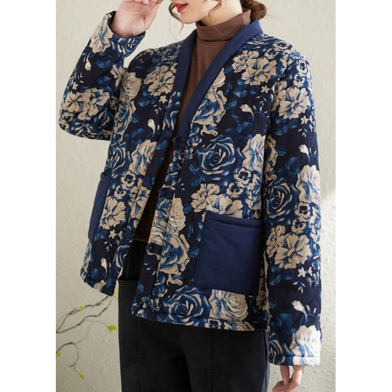 New Navy V Neck Print Pockets Warm Fleece Parka Winter