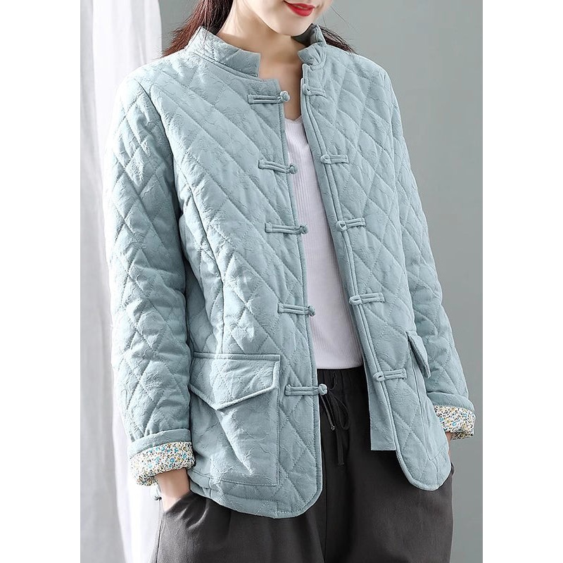 New Sky Blue Button Pockets Patchwork Thick Parka Long Sleeve