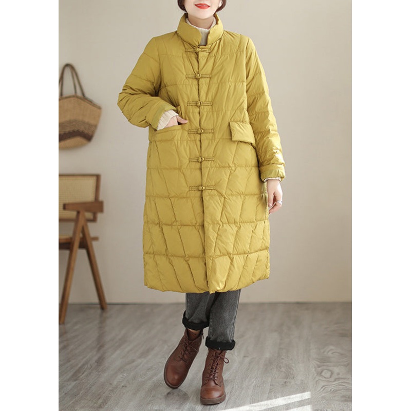 New Yellow Button Pockets Patchwork Cotton Filled Parka Fall