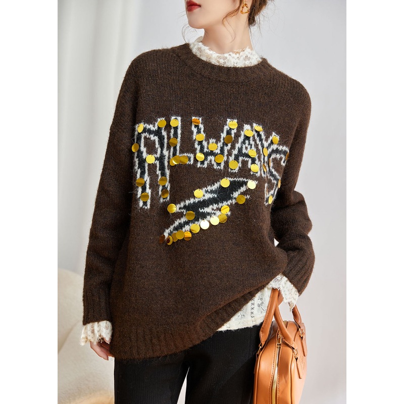 Novelty Coffee Graphic Sequins Thick Cotton Knit Sweaters Winter