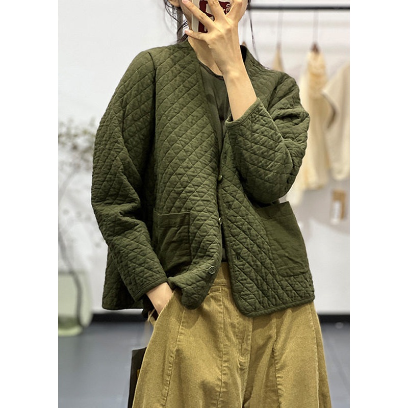 Organic Green V Neck Pockets Button Fine Cotton Filled Jackets Winter