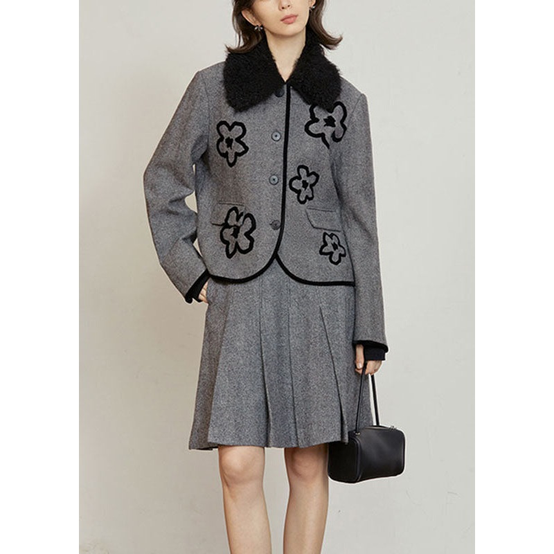 Organic Grey Floral Button Woolen Coat And Skirts Two Pieces Set Fall