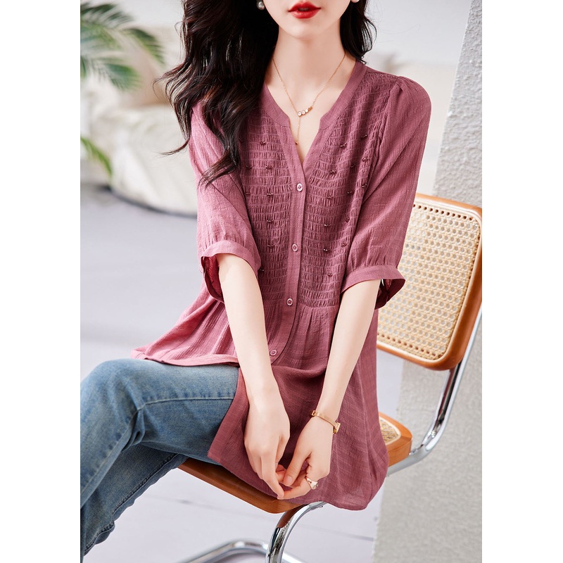 Organic Pink V Neck Wrinkled Button Shirts Half Sleeve