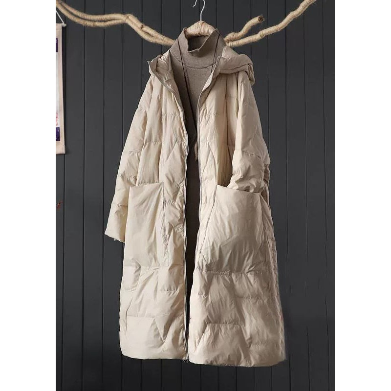 Plus Size Beige Hooded Pockets Fine Cotton Filled Parkaer Winter