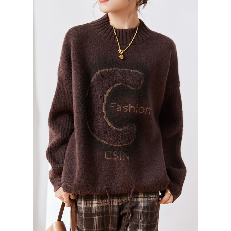 Plus Size Coffee Turtleneck Alphabet Print Thick Cotton Knit Sweaters Long Sleeve