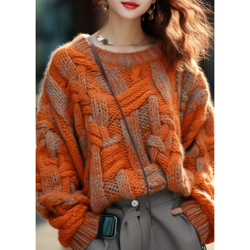 Plus Size Orange Warm Cotton Knitted Cable Sweater Winter