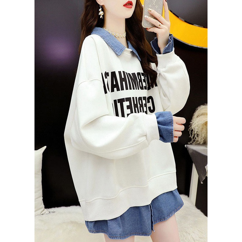 Plus Size White Peter Pan Collar Patchwork Fake Two Pieces Fleece Sweatshirt Fall